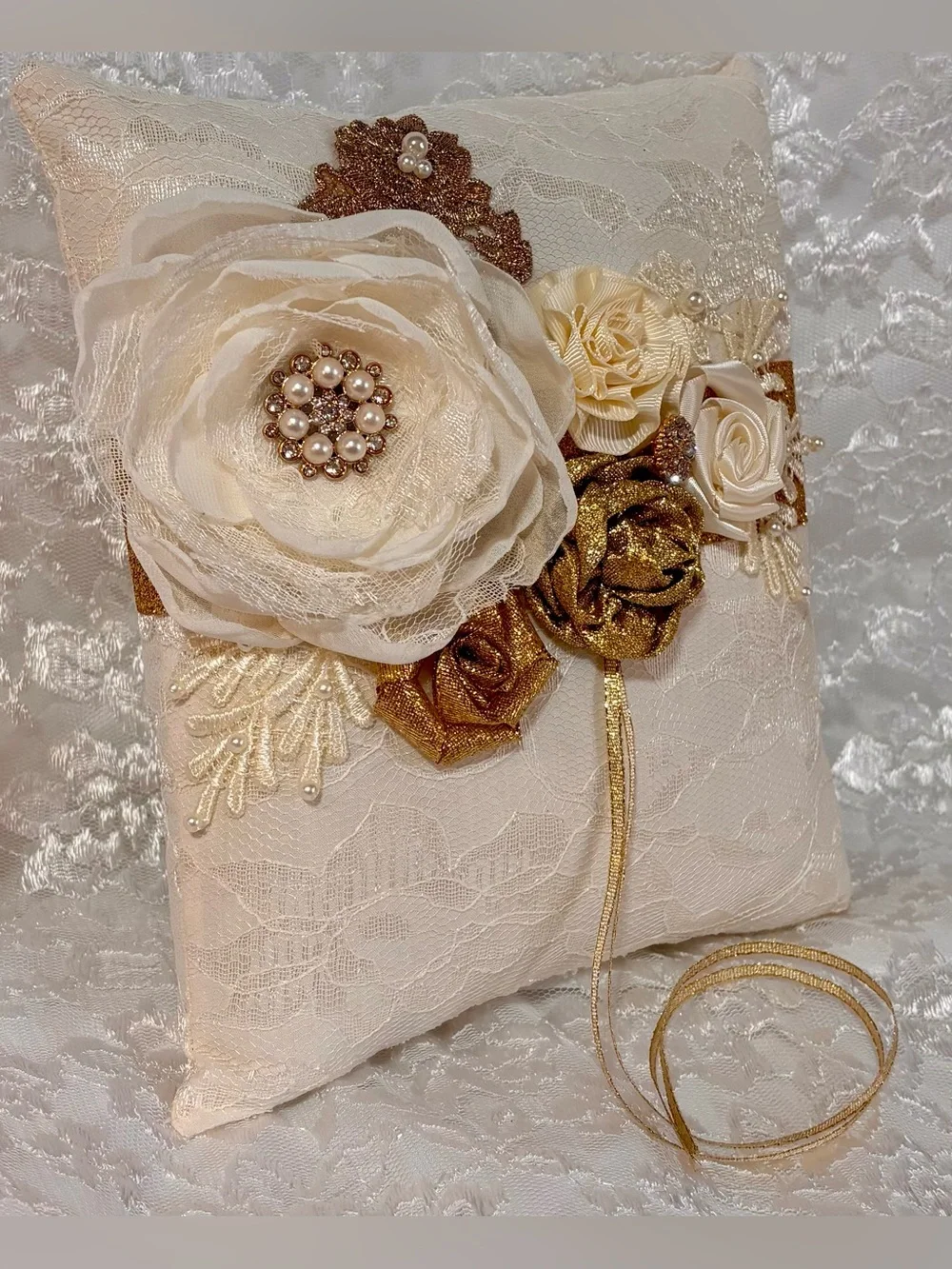 🌸 Handmade Ivory, Cream and Gold Ring Pillow and Flower Basket